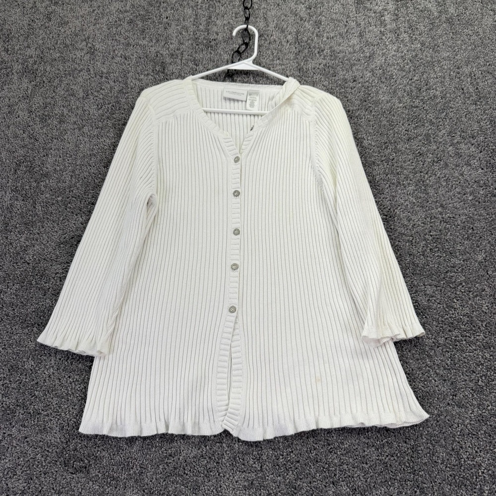 Liz Claiborne Shirt Womens L White V Neck Button Ruffle Knit Casual